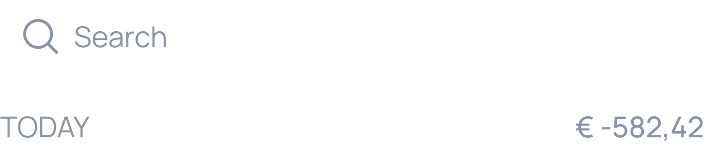 Search bar with "TODAY" label on left and "€ -582,42" balance display on right