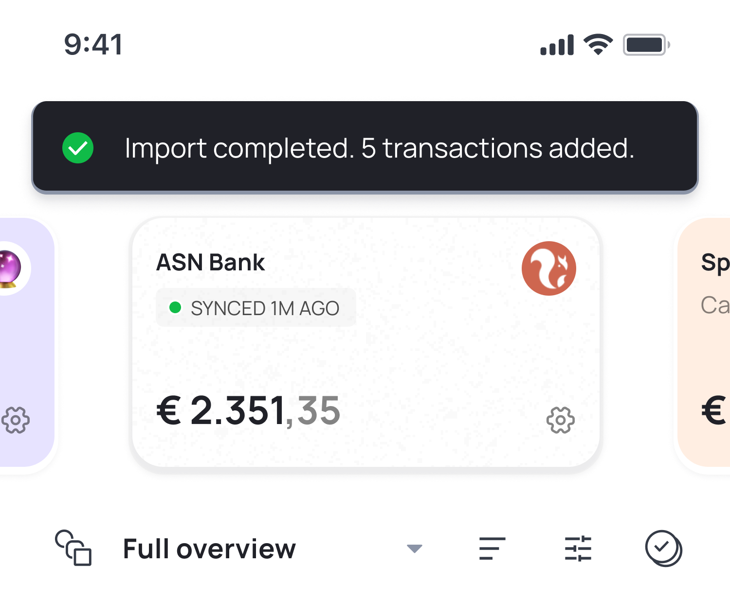 ASN Bank account showing €2,351.35 balance synced 1m ago with import completion notification displaying 5 transactions added