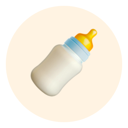 White baby bottle with blue band and yellow nipple on cream background