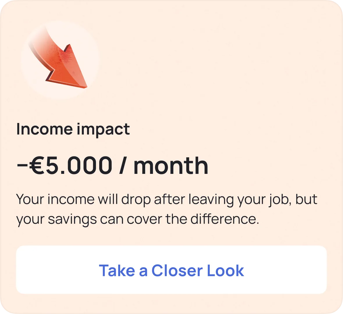 Red downward arrow with income impact warning showing €5,000 monthly decrease from leaving job