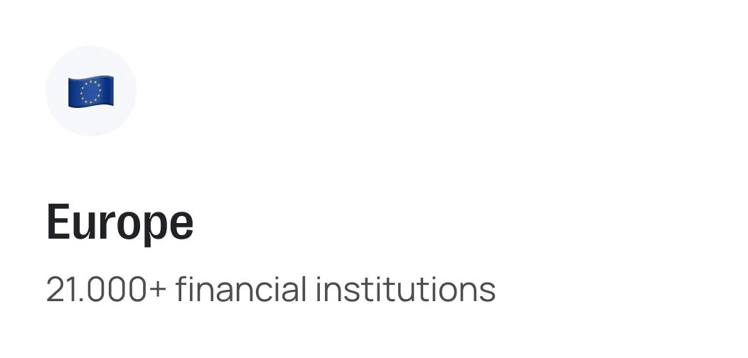 Europe section header with EU flag icon and text stating "21,000+ financial institutions