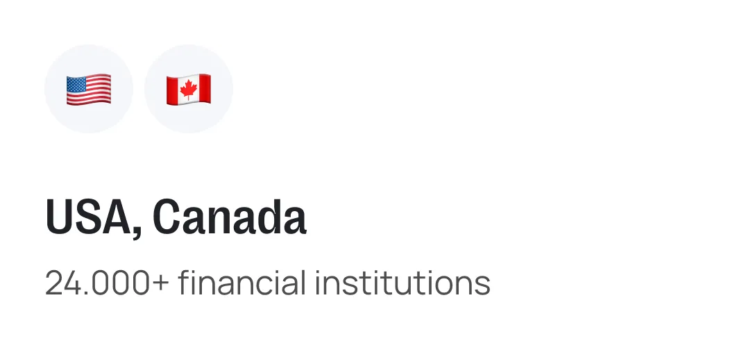 USA and Canadian flags with text "USA, Canada" and "24,000+ financial institutions
