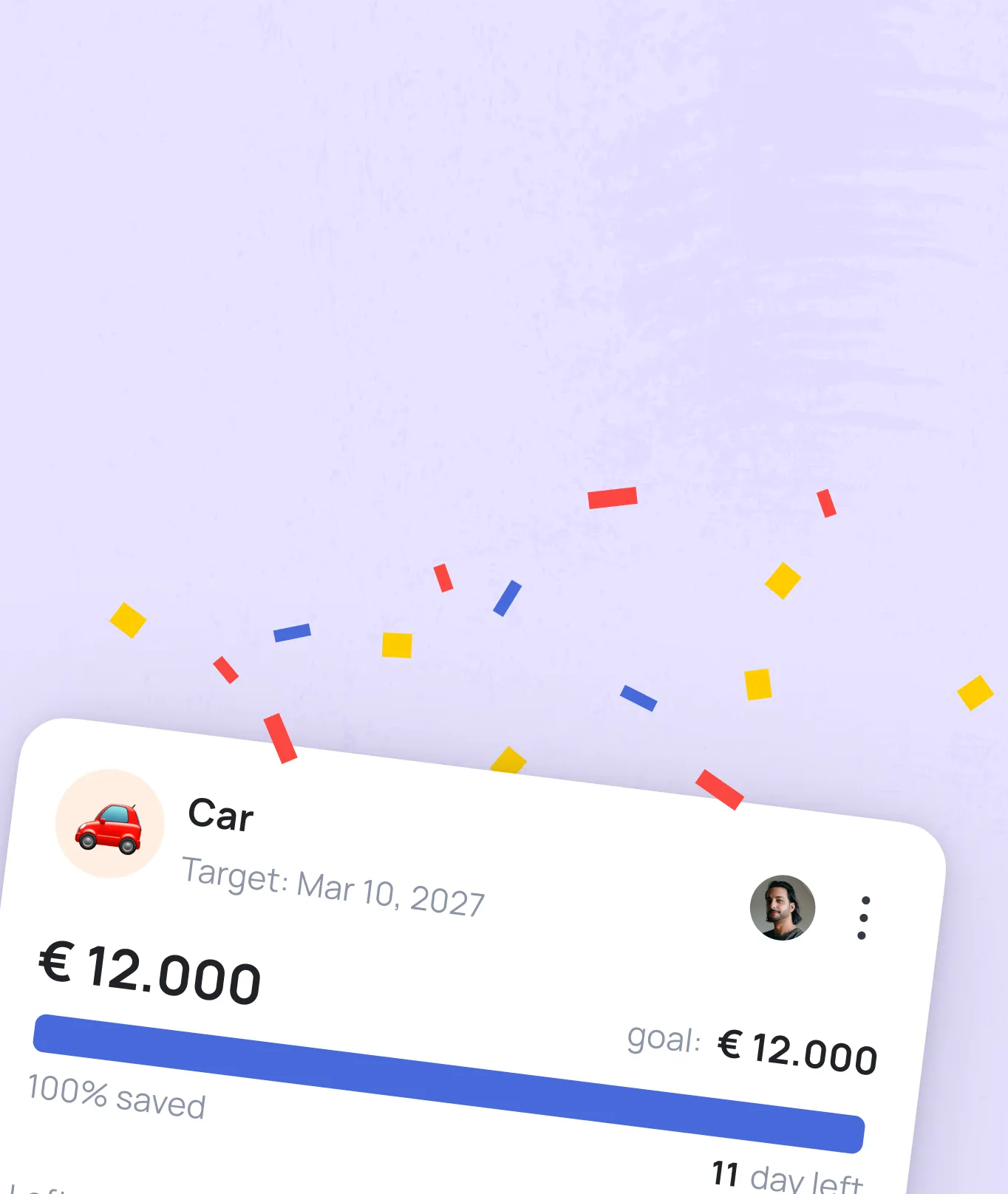 Savings goal card showing €12,000 car savings progress, 100% saved, target date Mar 10, 2027, with 11 days left