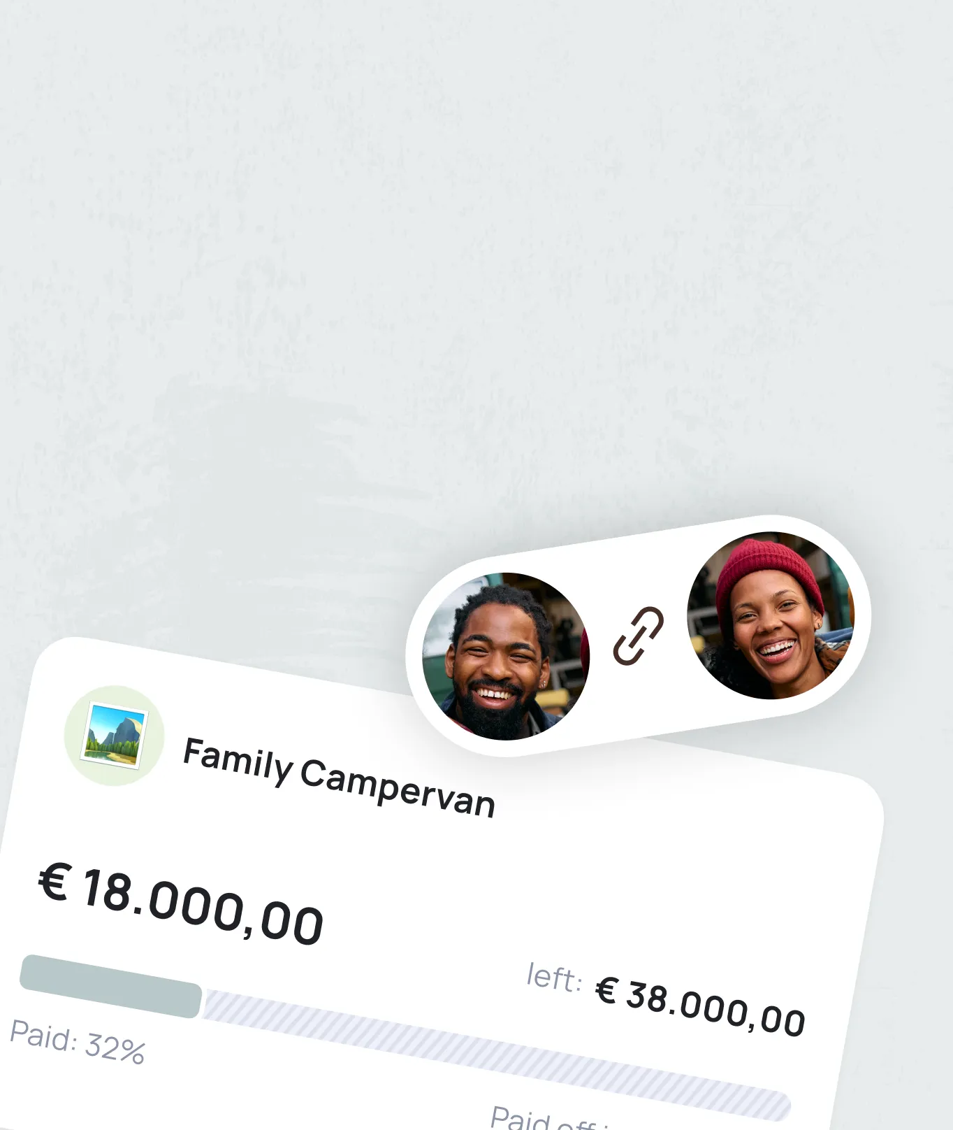 Family Campervan fundraising card showing €18,000 raised of €38,000 goal at 32% funded with two profile avatars