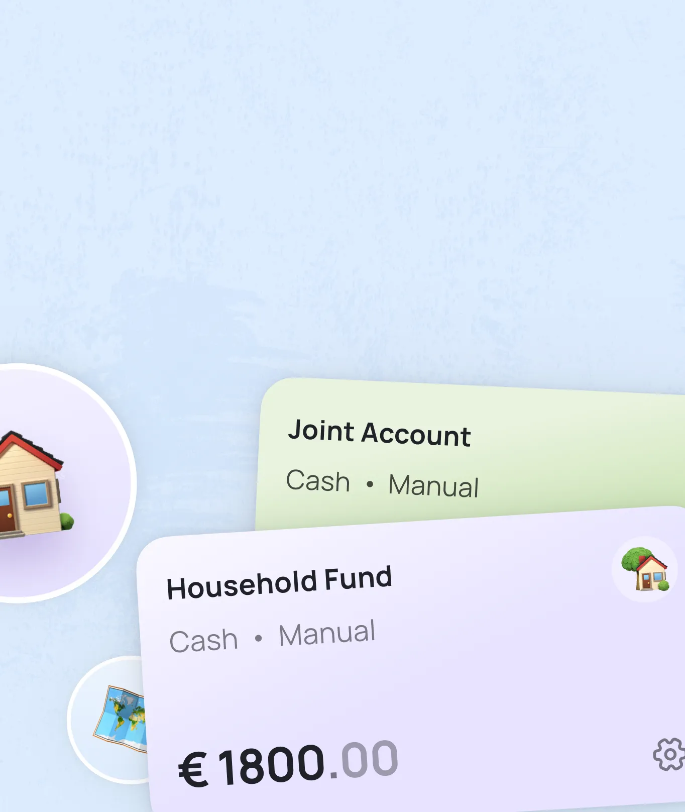 Financial account cards showing Joint Account and Household Fund with €1800.00 balance displayed