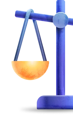 Blue balance scale with an orange glowing bowl on one side against white background