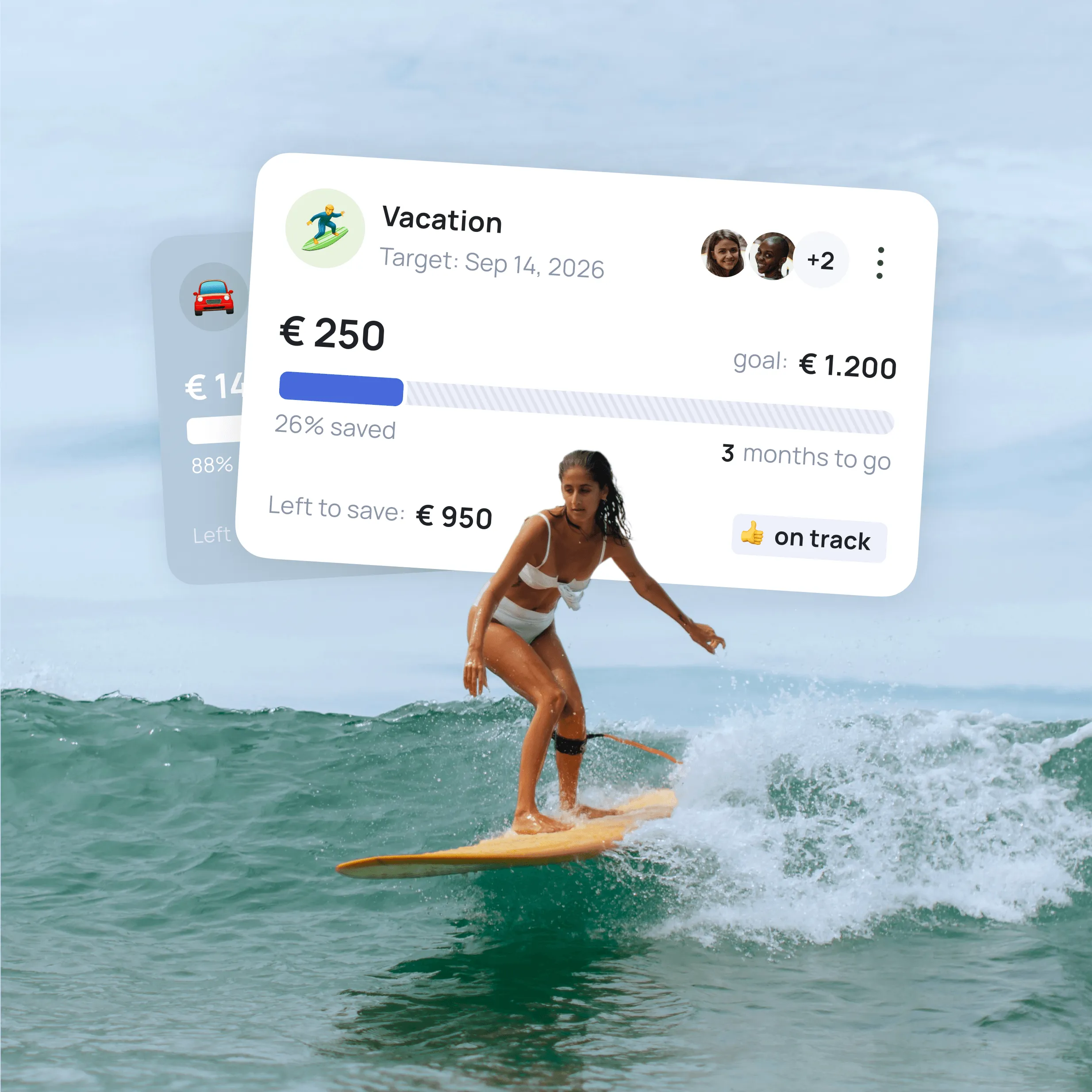 Woman surfing with vacation savings goal overlay showing €250 saved of €1,200 target by Sep 14, 2026
