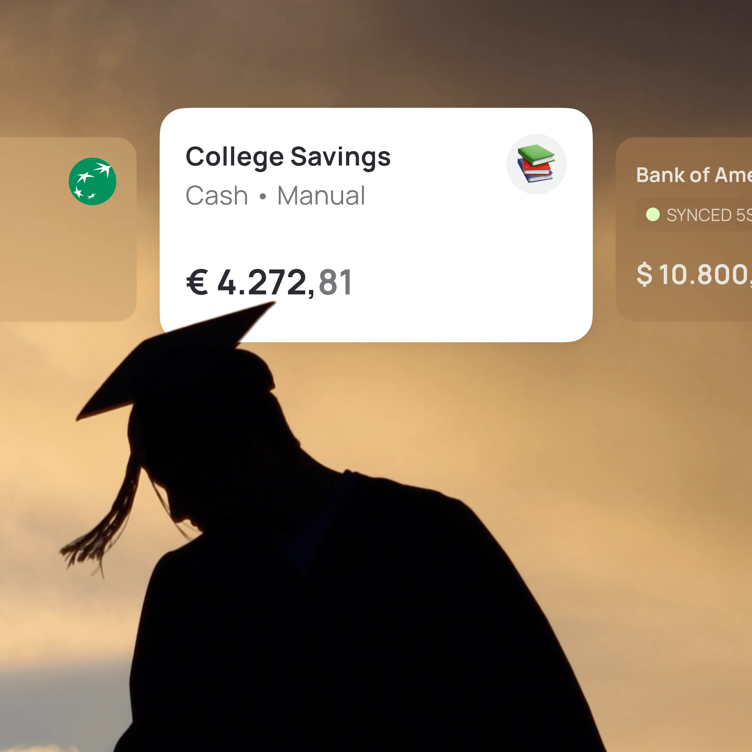 Silhouette of graduate with College Savings account showing €4,272.81 balance