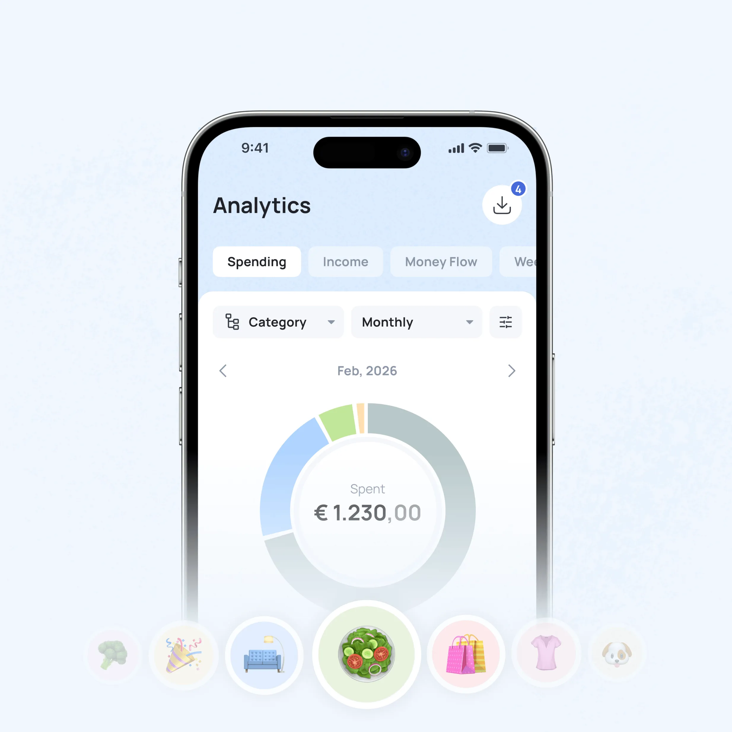 Mobile analytics screen showing February 2026 spending of €1,230.00 with category breakdown pie chart